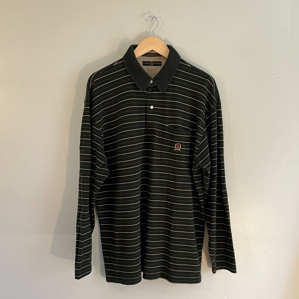 90’s Tommy Hilfiger Green Striped Long Sleeve Polo Shirt Preppy Sporty Golf XL